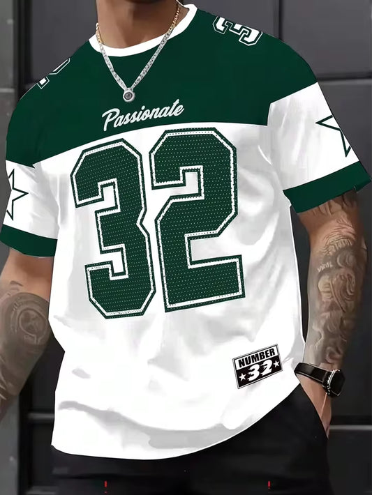 Mens Number 32 Print TShirt American Vintage Style Streetwear Color Block Design Trendy Casual Tee Soft Comfortable Men Clothing
