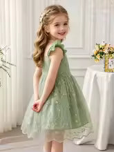 Girls' Green Floral Tulle Princess Dress, Summer Flutter Sleeve Spaghetti Strap Puffy Skirt, Sweet Kids' Dress