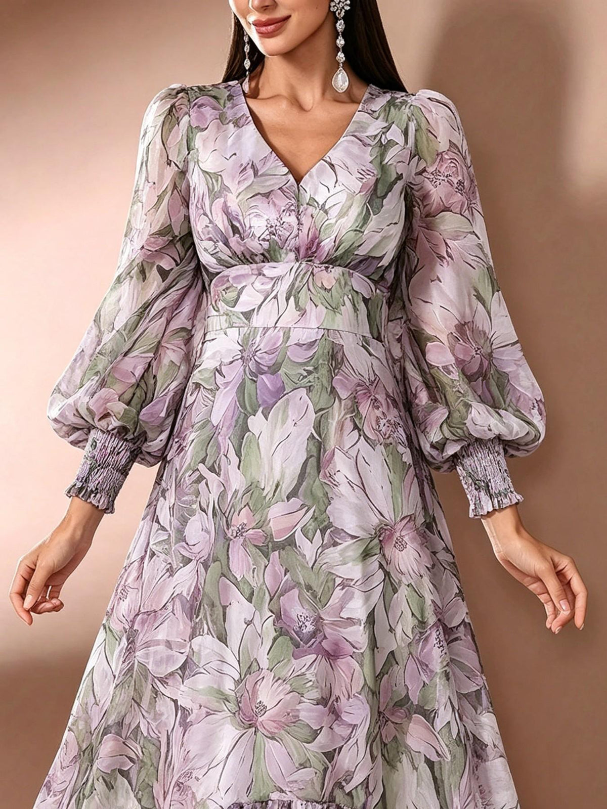 Romantic Bohemian Floral Long Dress V Neck Lace Sleeves Layered Ruffle Skirt
