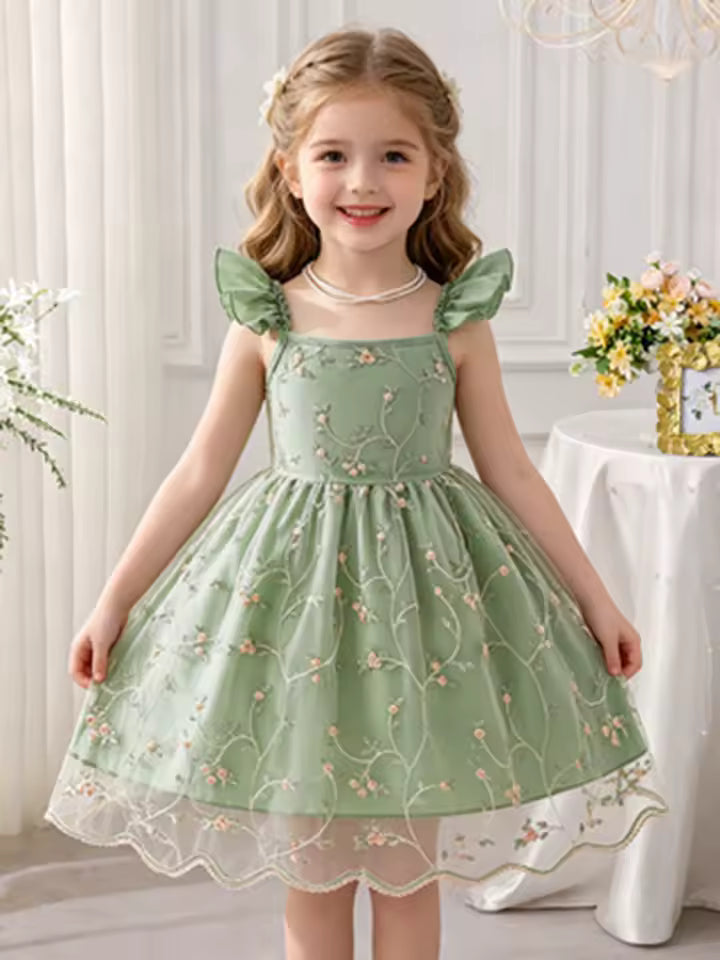 Girls' Green Floral Tulle Princess Dress, Summer Flutter Sleeve Spaghetti Strap Puffy Skirt, Sweet Kids' Dress