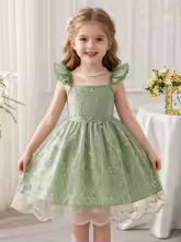 Girls' Green Floral Tulle Princess Dress, Summer Flutter Sleeve Spaghetti Strap Puffy Skirt, Sweet Kids' Dress