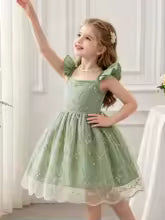 Girls' Green Floral Tulle Princess Dress, Summer Flutter Sleeve Spaghetti Strap Puffy Skirt, Sweet Kids' Dress