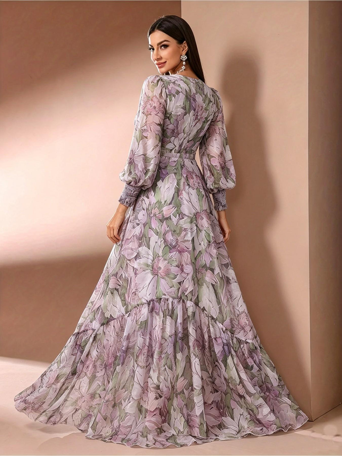 Romantic Bohemian Floral Long Dress V Neck Lace Sleeves Layered Ruffle Skirt