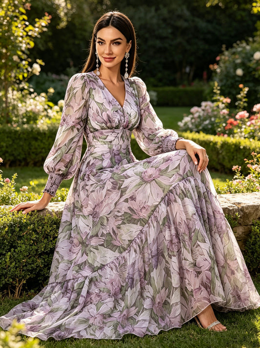 Romantic Bohemian Floral Long Dress V Neck Lace Sleeves Layered Ruffle Skirt